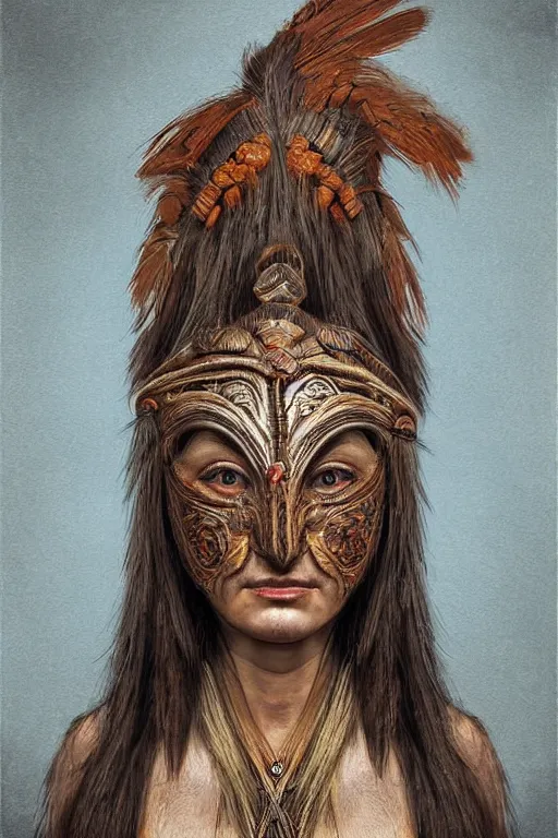 Image similar to portrait, headshot, digital painting, an beautiful shaman lady in slavic angular carved wood mask, realistic, hyperdetailed, chiaroscuro, concept art, art by frans hals