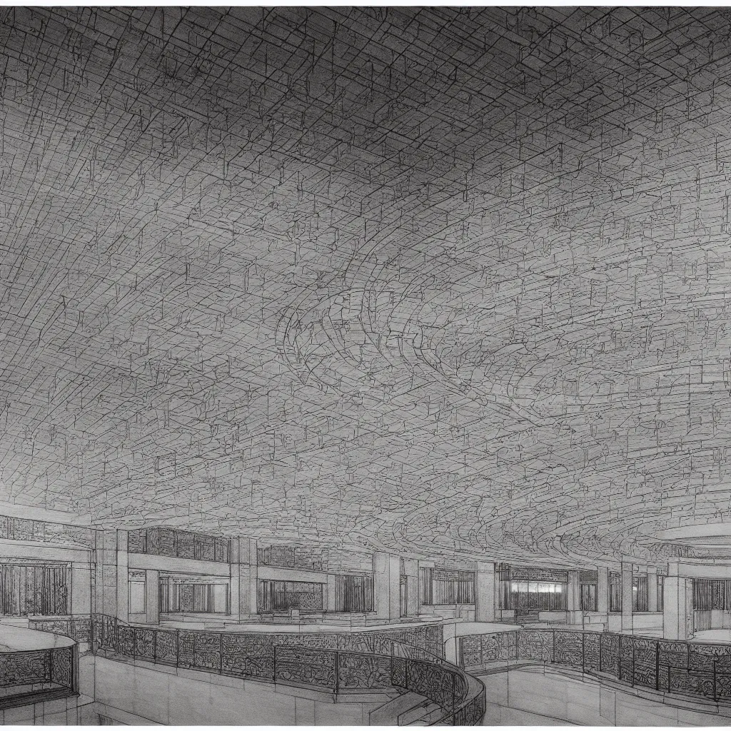 Prompt: panoramic highly detailed taliesin, key project for ellis island, global illumination, radiant light, detailed and intricate environment, sketch drawing by frank lloyd wright