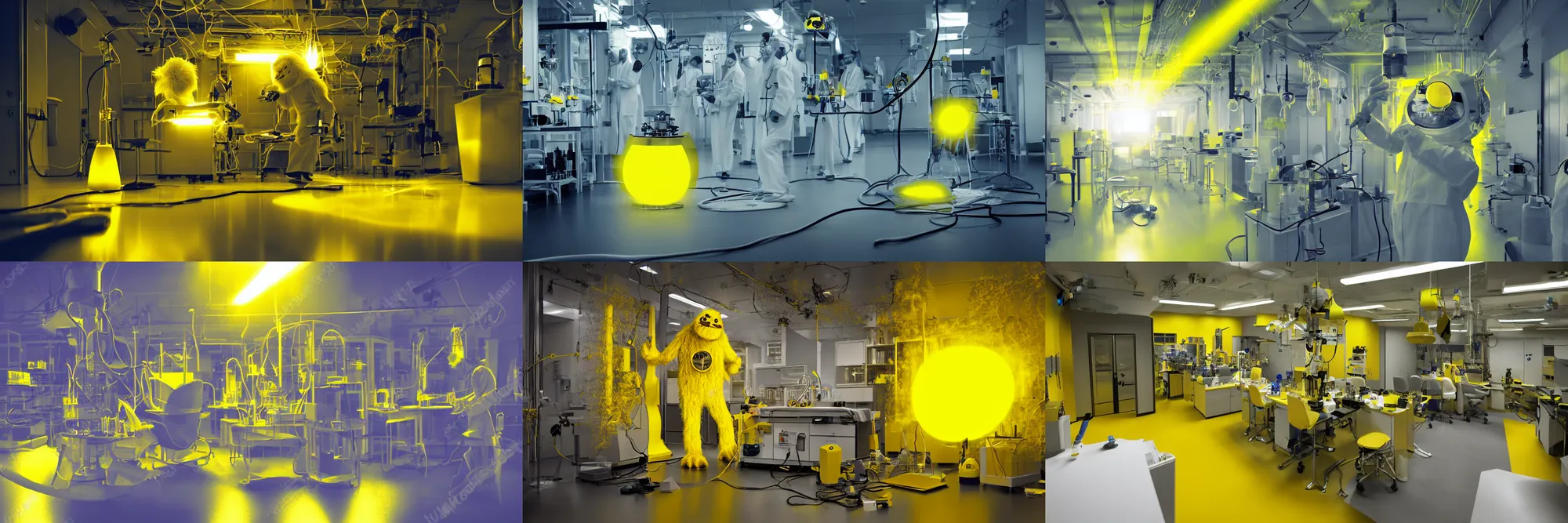 Image similar to hairy monster in laboratory clean room, photolithography, yellow artificial lighting, photorealistic