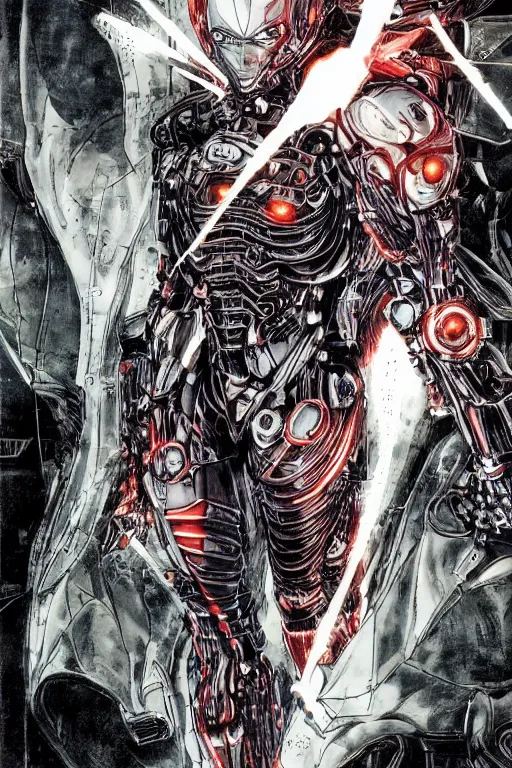 Image similar to powerful biomechanical soldier enhanced using a nanosuit with artificial muscles under the armor plating, at dusk, a color cover illustration by tsutomu nihei, tetsuo hara and katsuhiro otomo