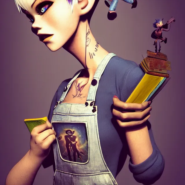 Image similar to full body pose, beautiful adult book fairy, pixar, short white hair shaved sides, dirty, grungy, grunge, long sleeve, painted overalls, stacks of giant books, highly detailed, 4 k, hdr, smooth, sharp focus, high resolution, award - winning photo, artgerm, photorealistic