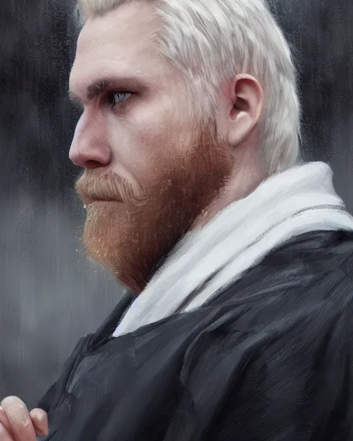 Prompt: artstation artgerm cgsociety portrait painting of a very sad white man with windows peak hairline sitting in the rain on a park bench at night, with a beard and short bleach blonde hair, frowning and eyes full of tears crying