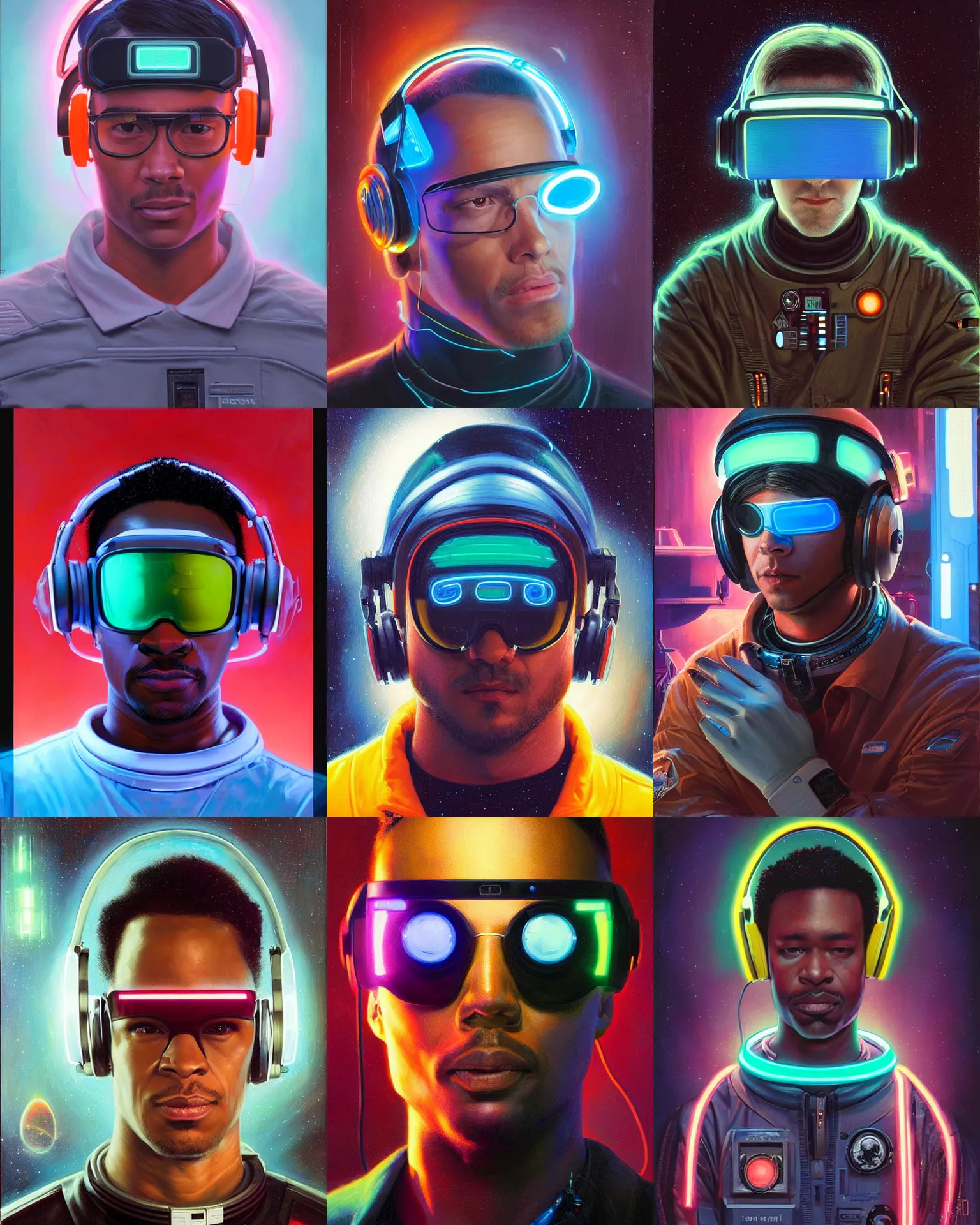 Prompt: bryan neon cyberpunk programmer with glowing geordi visor over eyes and sleek headphones headshot desaturated portrait painting by donato giancola, dean cornwall, rhads, tom whalen, conrad roset astronaut fashion photography