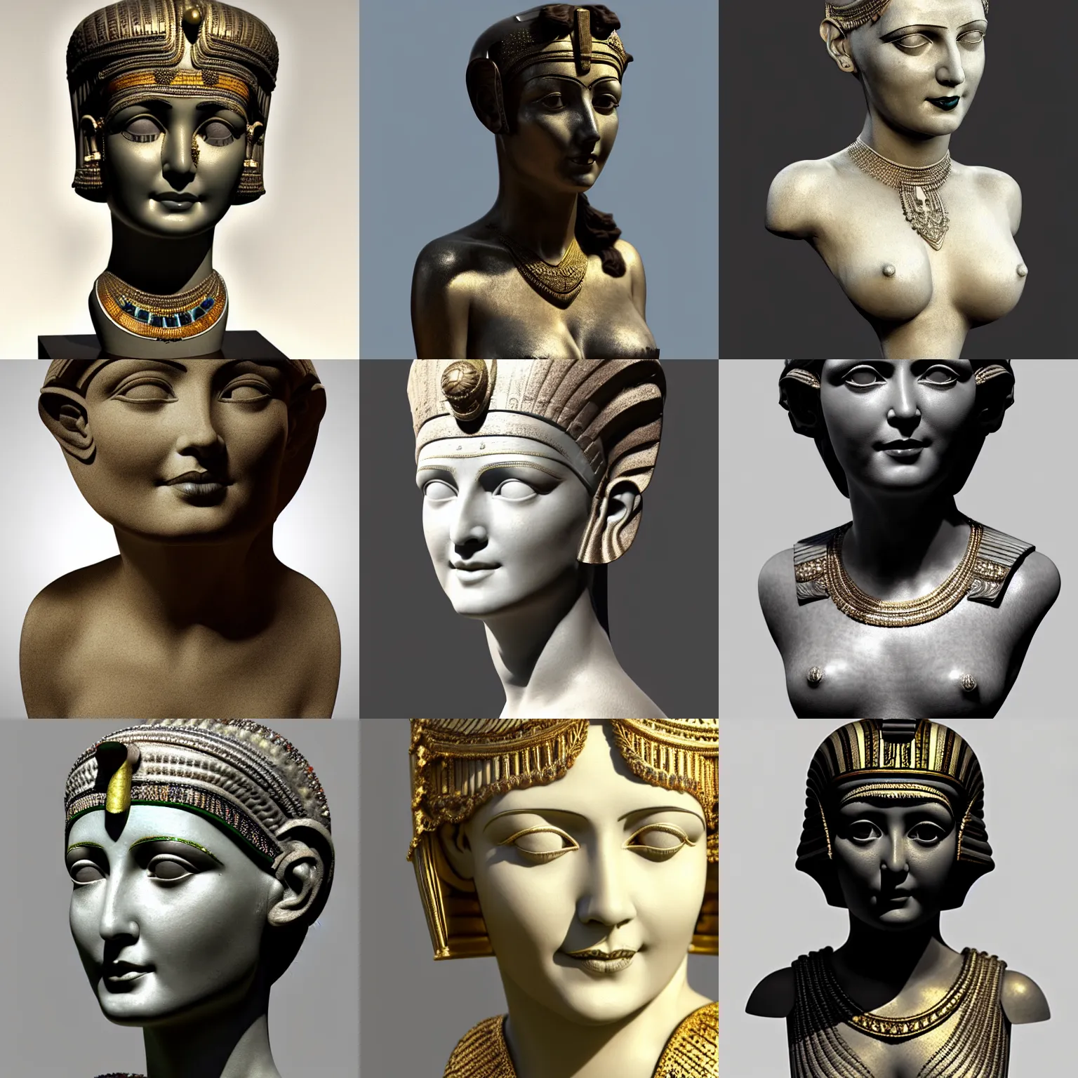 Prompt: 1 9 2 0's sculpture of cleopatra buste, detailed and intricate, hyperrealistic, 8 k, blender, artstation, art deco