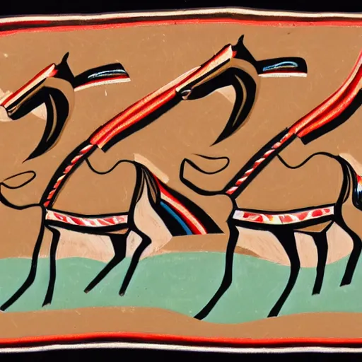 Prompt: horses on plains in Navajo art style