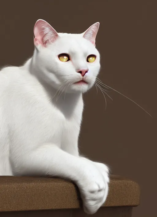 Image similar to a portrait of a white cat with orange spots, 8k photorealistic, cinematic lighting, HD, high details, dramatic, trending on artstation, view from a distance