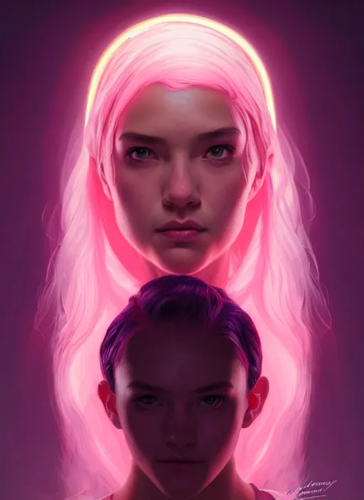 Image similar to symmetry!! portrait of student with pink hair, glowing lights!! intricate, elegant, highly detailed, digital painting, artstation, concept art, smooth, sharp focus, illustration, art by artgerm and greg rutkowski and alphonse mucha