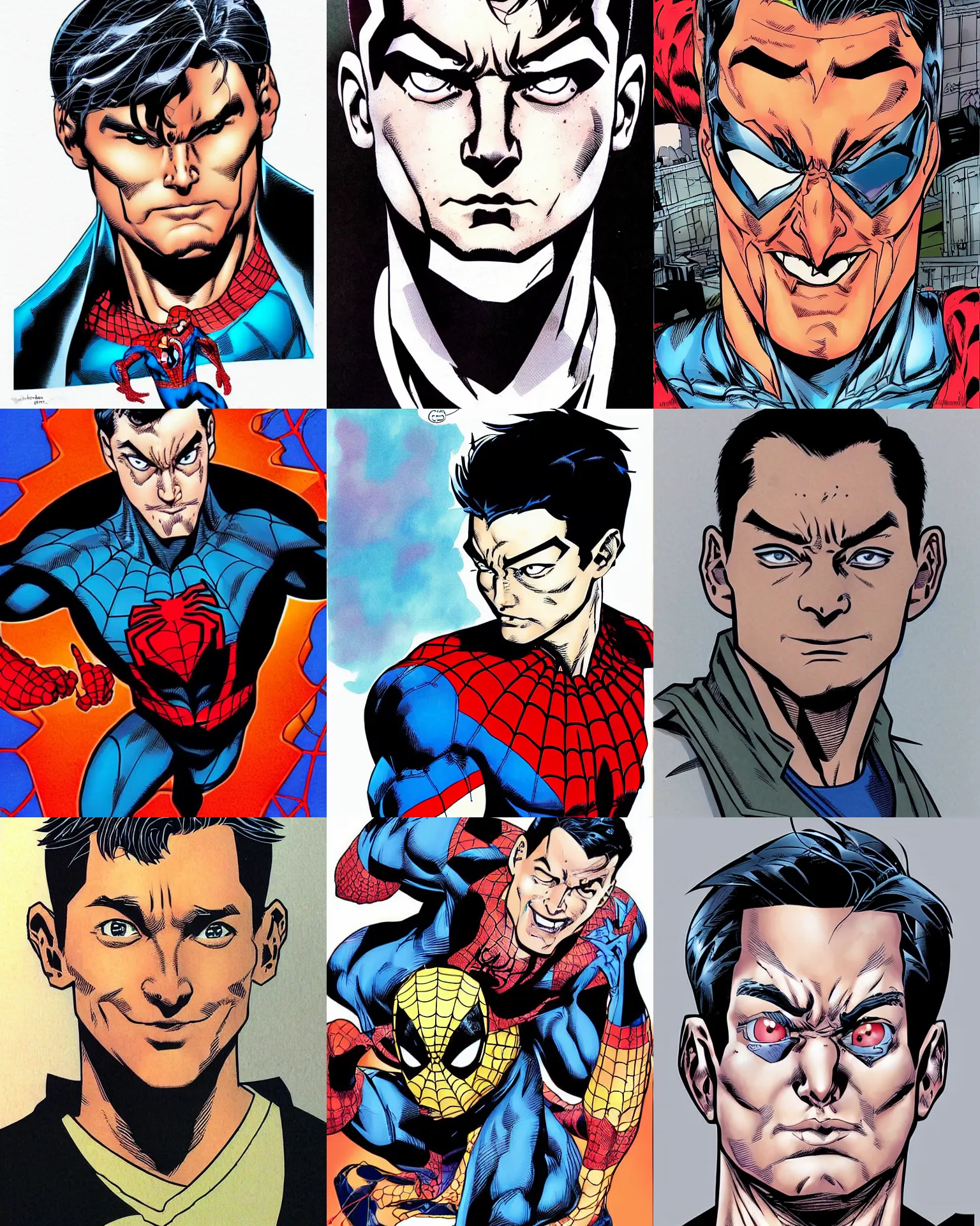 Prompt: jim lee!!! flat ink colored sketch by jim lee face close up headshot of real! tobey maguire!! as spiderman in costume in the style of jim lee, x-men superhero comic book character by jim lee