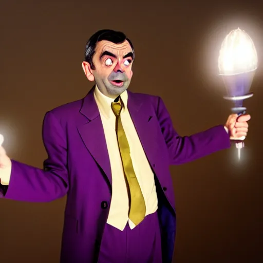 Image similar to mr. bean as thanos from the avengers movie. movie still. cinematic lighting.