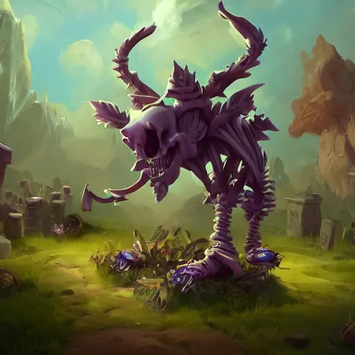 Image similar to cute skeleton animal creatures. hearthstone animal creatures, graveyard background, bright art masterpiece artstation. 8k, sharp high quality artwork in style of Jose Daniel Cabrera Pena and Greg Rutkowski, violet theme, concept art by Tooth Wu, hearthstone card game artwork