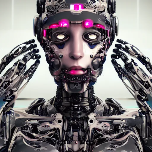 Prompt: An extremely beautiful biomechanical female looking robot with large Emoji tattoos, chimeric organism, pale skin, organic polycarbon, full frontal portrait, ex machina, highly detailed, mendelbrot fractal, ray tracing, hyperdetailed, hyperrealistic, oppai cyberpunk, octane render, hdri, 4k