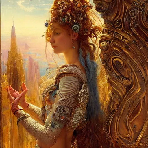 Prompt: intricate detail, hyper detail, by gaston bussiere, greg rutkowski, sandro botticelli, lady of elche, techno mystic princess intergalactica, inanna, ashteroth, with aqua rapunzel dreadlocks, detailed, masterpiece, sharp focus,