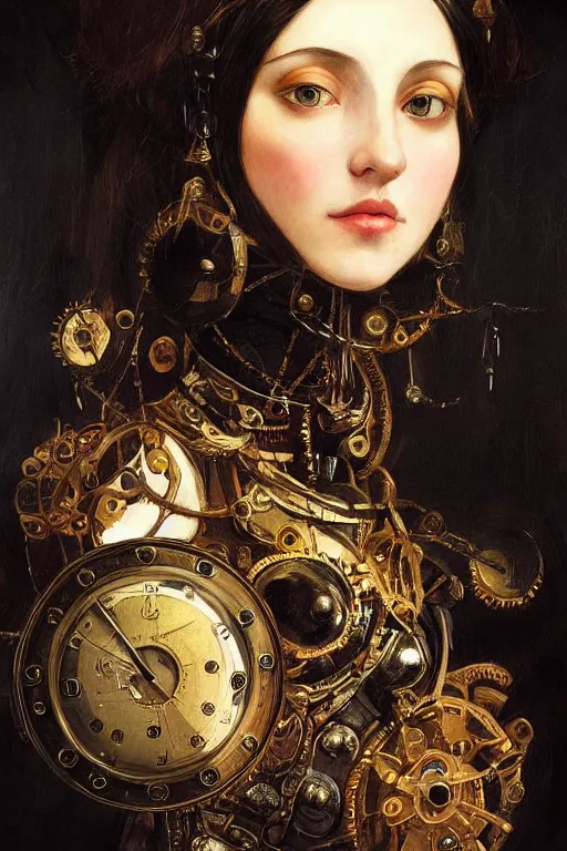 Image similar to portrait, headshot, digital painting, of a 17th century, beautiful clockwork cyborg girl merchant, dark hair, amber jewels, baroque, ornate clothing, scifi, futuristic, realistic, hyperdetailed, underexposed, chiaroscuro, concept art, art by waterhouse and caravaggio