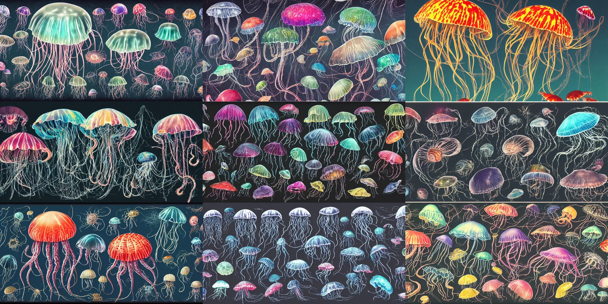 Image similar to full color page scan of various vintage jelly fish illustrations on black background, in matte painting, 2 d, kitbash, 4 k