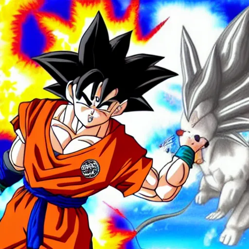 Prompt: goku hanging out with animals