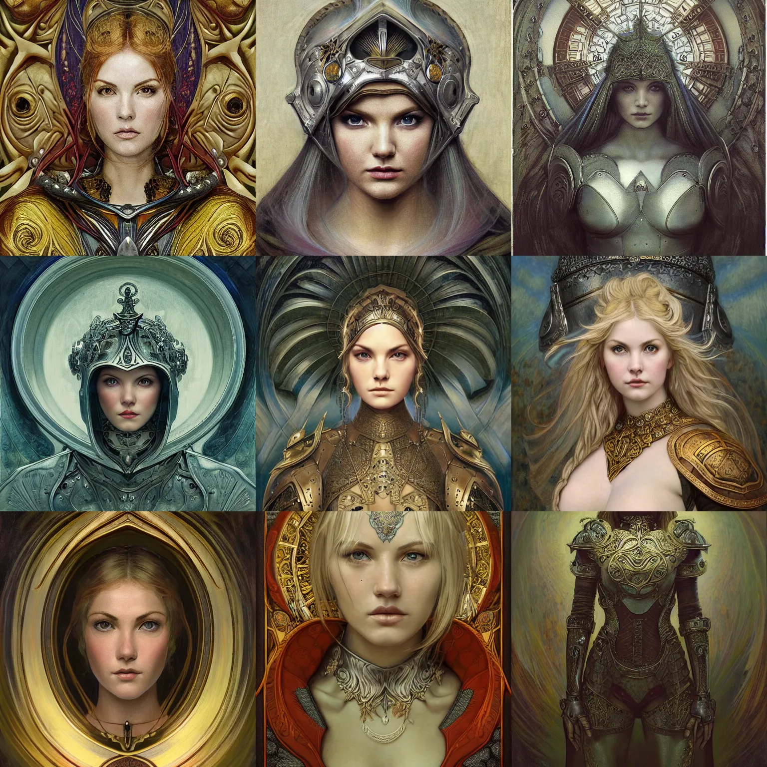 Prompt: masterpiece head-on symmetrical centered portrait, Elisha Cuthbert as a D&D paladin, wearing steel plate armour over chest, blonde hair, masterpiece fractal art nouveau background, elegant, distant, Pre raphaelite art style, in the style of Edgar Maxence and Ross Tran and Zdzisław Beksiński and Gustave Doré and H.R. Giger and Mucha, specular highlights, 8k, octane render