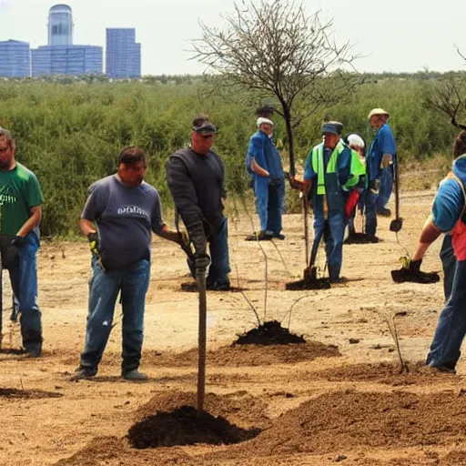 Image similar to a group of workers planting trees in a barren landscape alongside a sci fi nuclear containment building with a utopian city in the distance