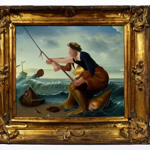 Image similar to a fisherman harpoons a mermaid, dutch golden age oil painting masterpiece