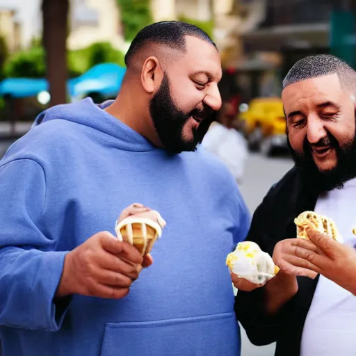 Prompt: Hide the pain Arnold and DJ Khaled licking ice cream in street while walking, 4K, photorealistic