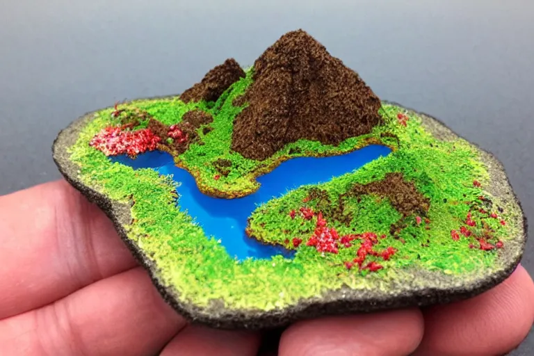 Image similar to miniature volcanic island made of candy, diorama picture, 5 5 mm, candy - island