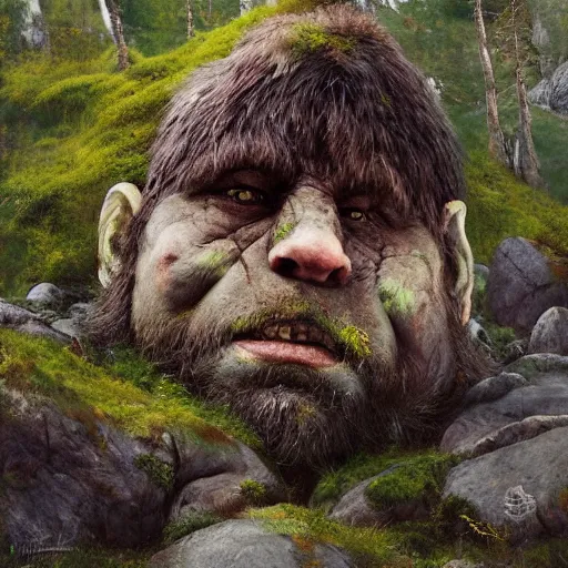 Prompt: scandinavian big mountain troll portrait by ruan jia, moss and vegetation growing on the troll and rocks and stone dark mystic, bold colors and line. chip zdarsky