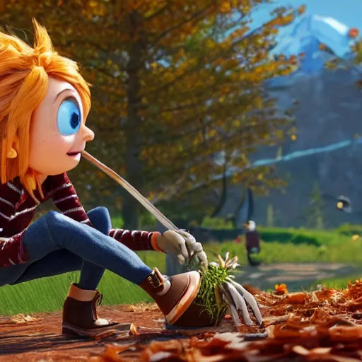 Image similar to a very cool and cute stopmotion animation character, a beautiful canadian woman, gardening, very attractive, spiky dark brown and grey hair, striped sweater, tight denim jeans, maroon doc marten boots, canadian maple leaves blowing about, mountains, autumn, unreal engine 5, 8 k, kubo and the two strings, disney, pixar,