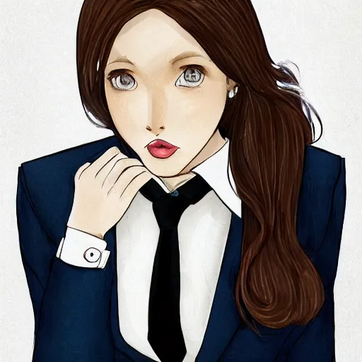 Image similar to woman in black business suit, chill, light brown neat hair, pixiv, fanbox, trending on artstation, portrait, digital art, modern, sleek, highly detailed, formal, serious, determined, blue tie, lawyer, colorized, smooth, charming, pretty, briefcase, safe for work