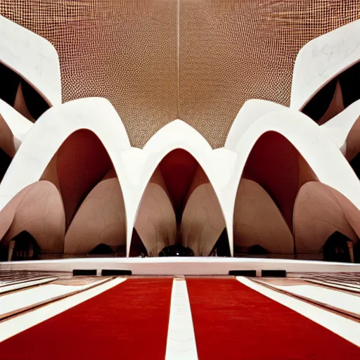 Image similar to interior of a futuristic lotus temple with gold, red and white marble panels, in the desert, by buckminster fuller and syd mead, intricate contemporary architecture, photo journalism, photography, cinematic, national geographic photoshoot