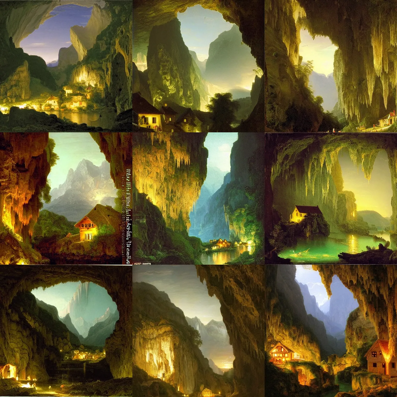 Prompt: a quaint swiss village at night with cottages, a river with sawmills, glowing lights and green park land, all inside an enormous cavern, cavern ceiling visible with large stalactites, by thomas cole