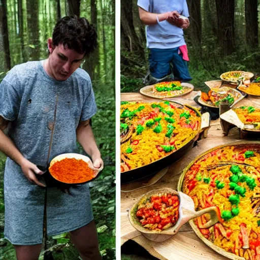 Prompt: real pictures of an alien making paella in the woods