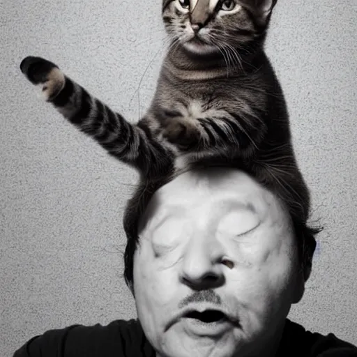Prompt: a cat sitting on an angry man's head, stock photo