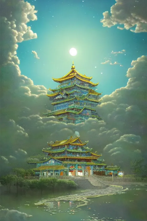 Prompt: moon palace, palace, made of crystals, dream, cloud, tintal effect, super detail, 8 k, volume light, ultragreen, chinese traditional color tone, by hayao miyazaki and lee madgwick, trending on artstation