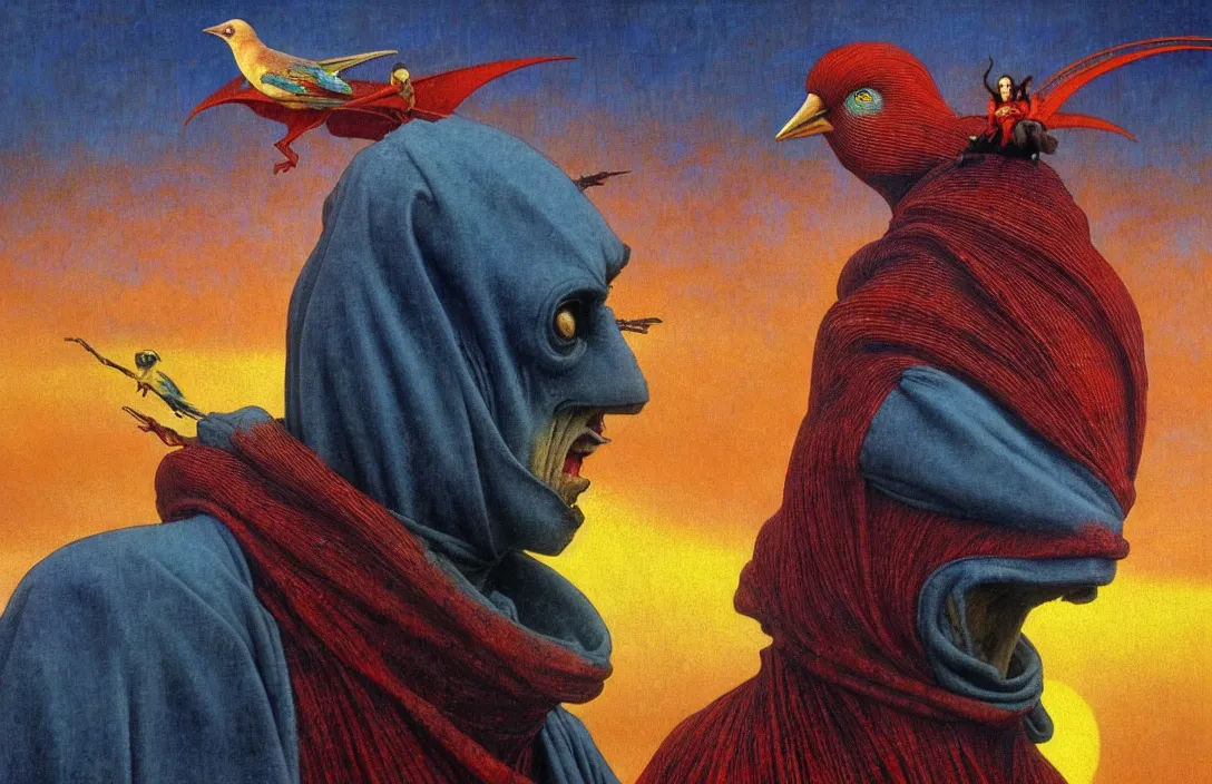 Image similar to realistic detailed portrait movie shot of a birdman wearing a dark robes, sci fi city landscape background by denis villeneuve, amano, yves tanguy, alphonse mucha, ernst haeckel, max ernst, roger dean, masterpiece, rich moody colours, dog teeth, blue eyes, sunset