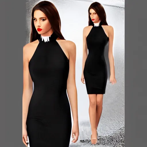 Image similar to thigh length dress, mostly black with white outline, cross halter neckline