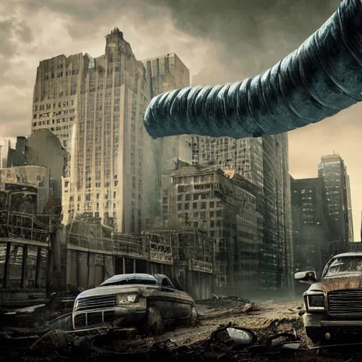 Prompt: new york abandoned attacked by giant worm, post apocalyptic, damage road