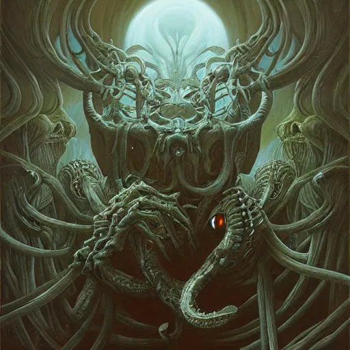 Image similar to a ultradeatiled painting of ghost flying out, creatures from the netherealm crawling from under ground by HR giger, Zdzisław Beksiński, Peter Mohrbacher, chet zar, derek riggs, featured on artstation, cg society