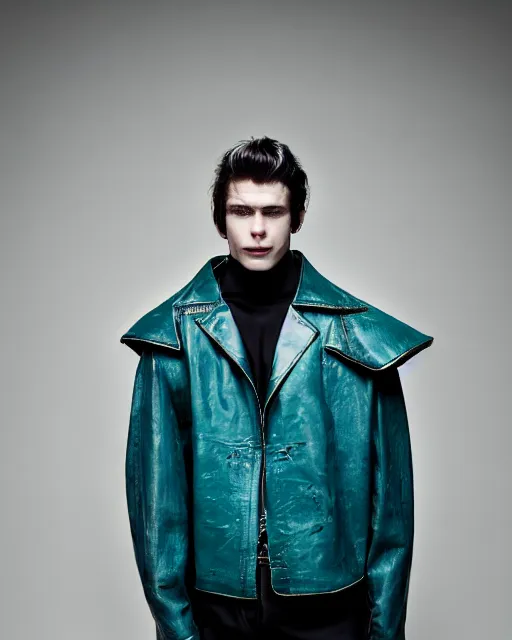 Image similar to an award - winning photo of a male model wearing a cropped baggy teal distressed medieval leather menswear harrington jacket by issey miyake, 4 k, studio lighting, wide angle lens