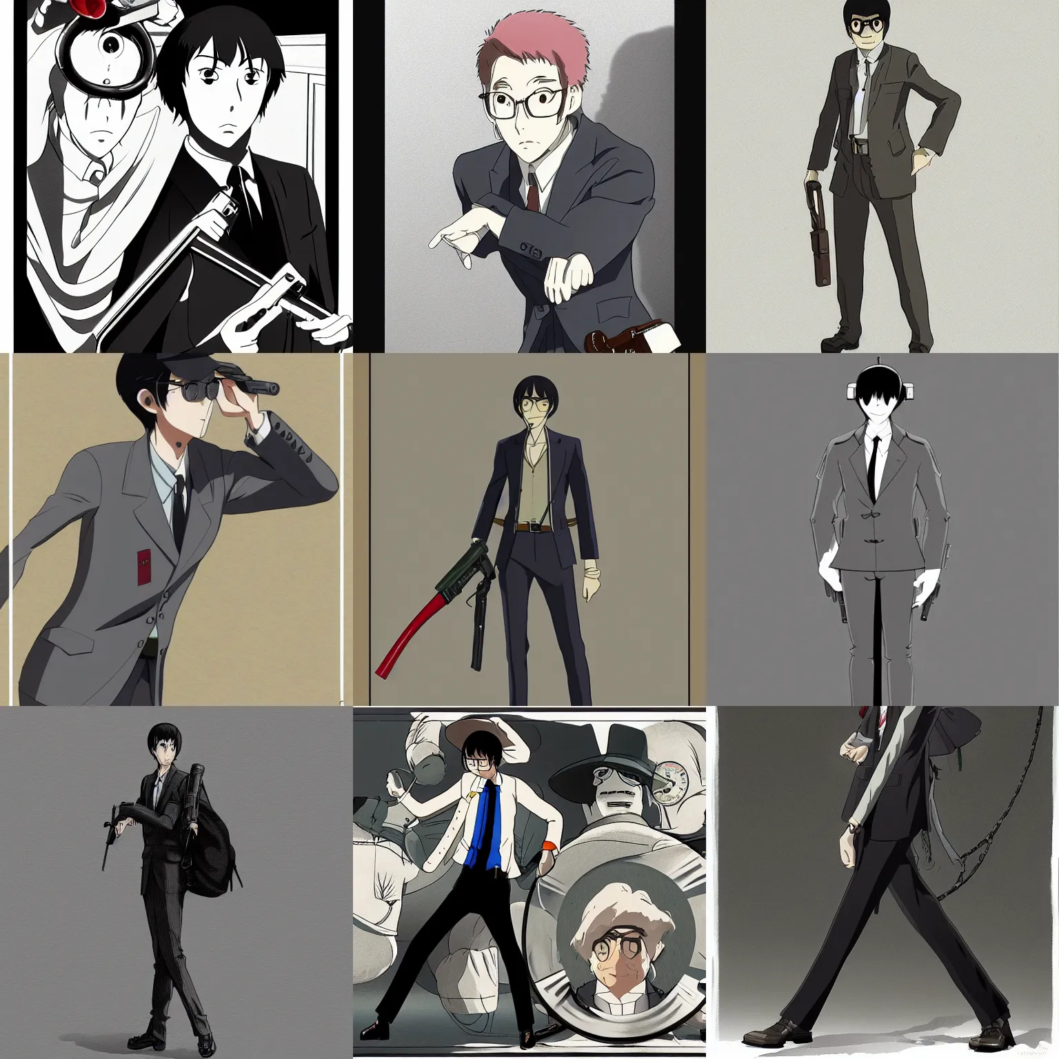 Prompt: Full body portrait of a spy, illustration, detailed shading, Hayao Miyazaki, Kyoto Animation, Monkey Punch