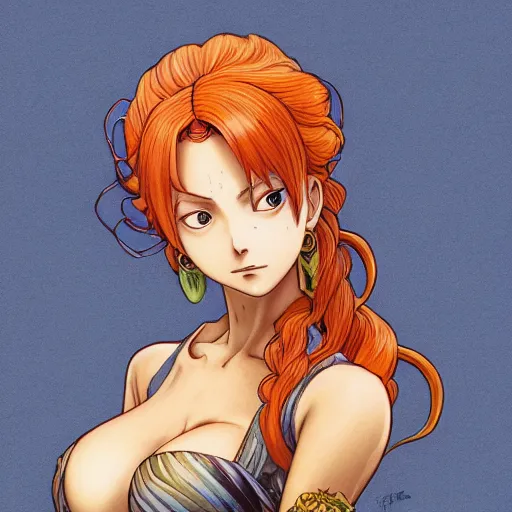 Prompt: intricately detailed vfx portrait of nami from one piece by eiichiro oda, makoto shinkai, alphonse mucha, art by artgerm and greg rutkowski, best of behance, concept art, matte, sharp focus, orange hair, elegant, adolphe bouguereau, annie leibovitz, stanley kubrick, cel shading, ray tracing, hdr,