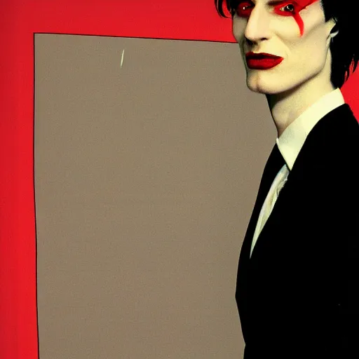 Image similar to A very red photgraphic portrait of the character, Desire, a tall, smiling androgyne with black hair and a grey pinstripe suit, studio lighting, medium shot, Life Magazine, 1978, Vertigo Comics, The Sandman written by Neil Gaiman, against a stormy sky