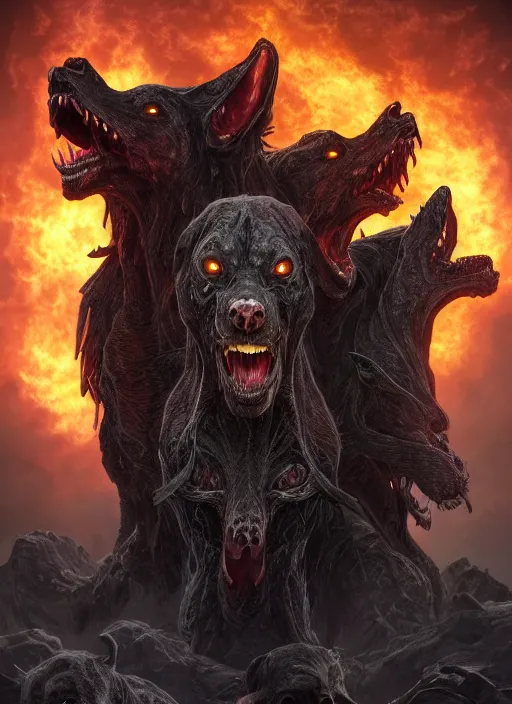 Prompt: three headed hellhound, ultra detailed fantasy, elden ring, realistic, dnd character portrait, full body, dnd, rpg, lotr game design fanart by concept art, behance hd, artstation, deviantart, global illumination radiating a glowing aura global illumination ray tracing hdr render in unreal engine 5