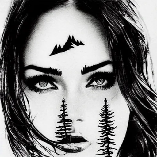 Prompt: tattoo design sketch with double exposure effect, megan fox face faded with beautiful mountain scenery, in the style of matteo pasqualin, amazing detail, mash up