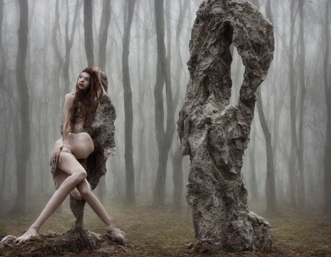 Prompt: hyper-realistic marble sculpture of r/anyataylorjoy, foggy forest at dawn, abandoned, gloomy, photography