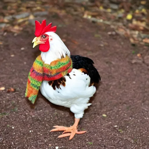 Prompt: A chicken wearing a scarf,