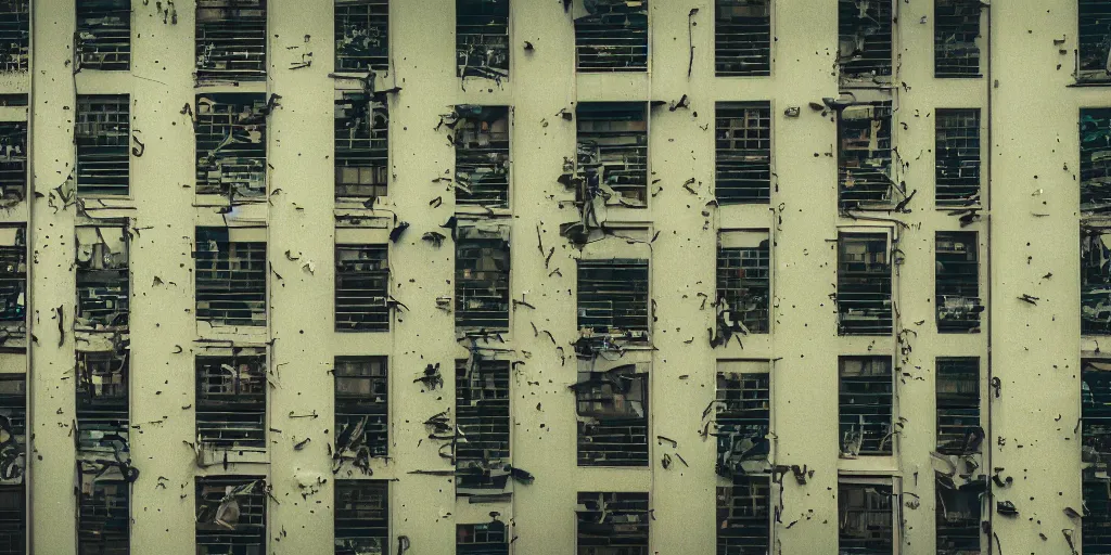 Prompt: Macro photograph of Orwellian apartment in Vancouver, dystopia, extreme detail, contemporary art style, vibrant colors, realism, cinematic, misty, 35mm film grain