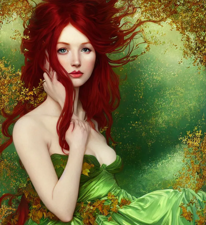 Image similar to portrait of a red haired woman wearing a green satin dress with fine gold filigree, autumn leaves falling, dramatic volumetric lighting, god rays, global illumination, soft, sharp focus, ivy, masterpiece, moss, trending on artstation, cyberpunk concept art by artgerm and Alphonse Mucha and Moebius