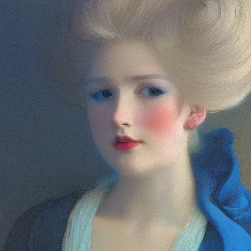 Prompt: young woman's face, her hair is white and she wears a cobalt blue duchesse satin cloak, by syd mead and moebius and roger dean and gaston bussiere and ivan aivazovsky and willem claesz and pieter claesz and paul delaroche and alma tadema and aelbert cuyp, hyperrealistic, volumetric light, octane