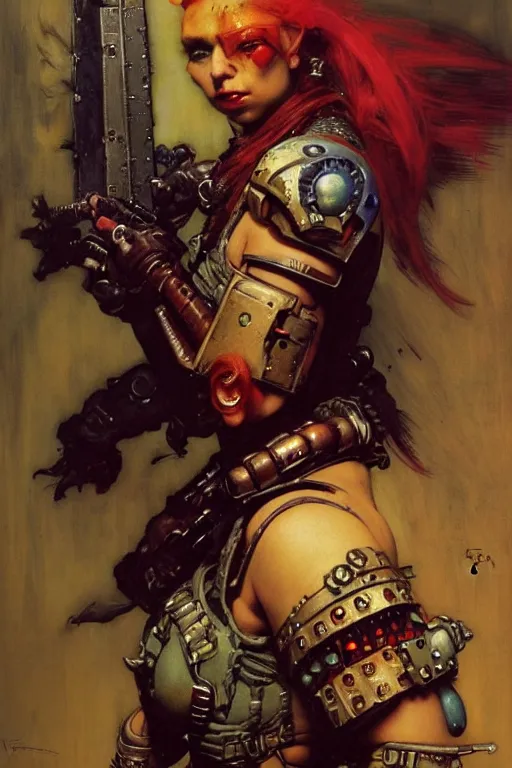 Image similar to full character portrait max mad cyberpunk warhammer 4 0 k, warrior marine the girl with the pearl earring character design, painting by gaston bussiere, katsuya terada, frank frazetta, gerald brom, mucha, tom of finland, trending on artstation