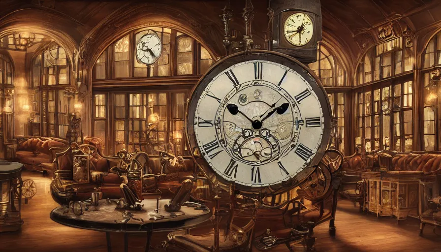 Image similar to a circular common room full of antique clocks, high detail, concept art, illustration, steampunk, fantasy, mechanical, 4 k, trending on artstation