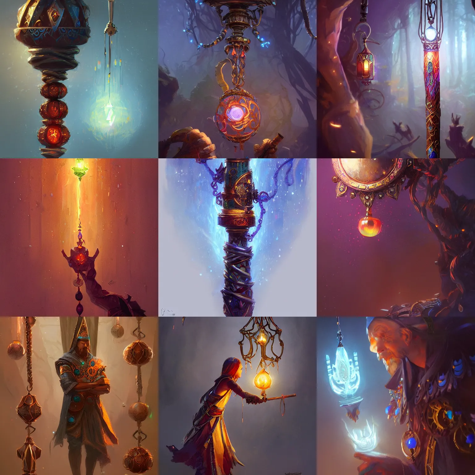 Prompt: magic wizard's staff, made of wood, glowing jewel, hanging beads, detailed illustration, hd, 4k, digital art, overdetailed art, concept art, by greg rutkowski complementing colors, Trending on artstation